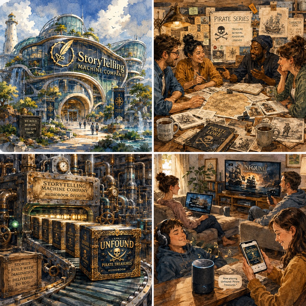 The Storytelling Machine Company — writers' room, audiobook works, and families watching