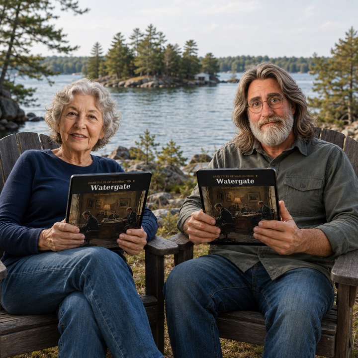 Reading an AI Wrangler illustrated story PDF by the lake